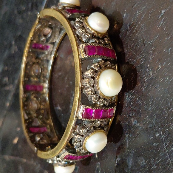 POLKI Pearl RUBY CZ Gemstone Antique Gold PLATED Bracelet Cuff